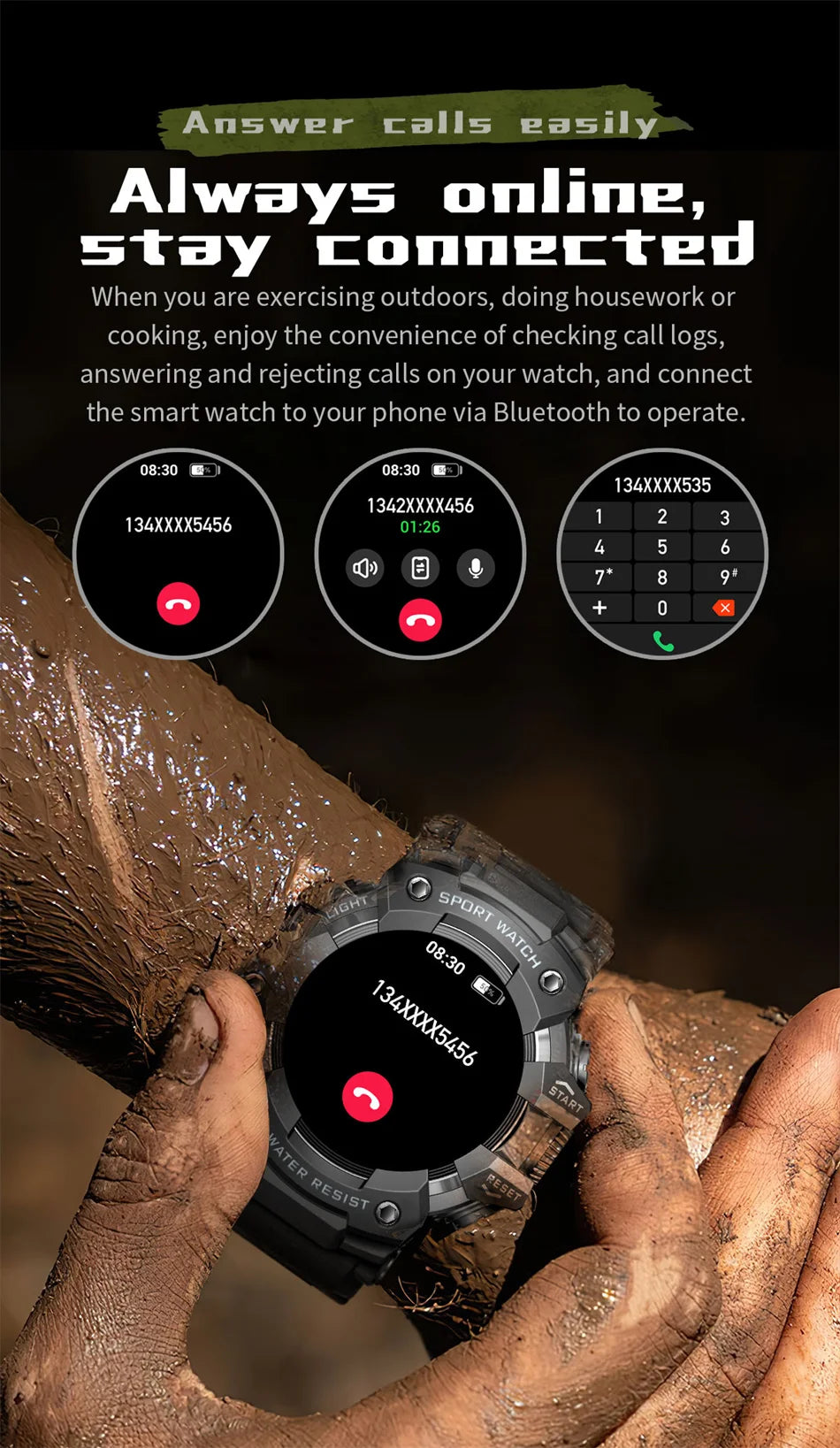 2025 Rugged Sport Smart Watch Bluetooth Calls Colorful Waterproof Military Smartwatches with Flashlight SOS COMPASS for Phone WSJIT